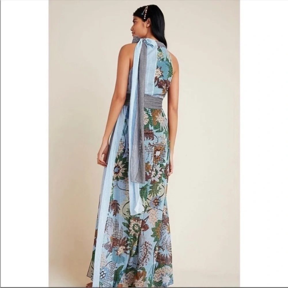 BHLDN Sachin & Babi Kimora Floral Metallic Halter Neck Maxi Dress Blue 2 NWT - Picture 8 of 10